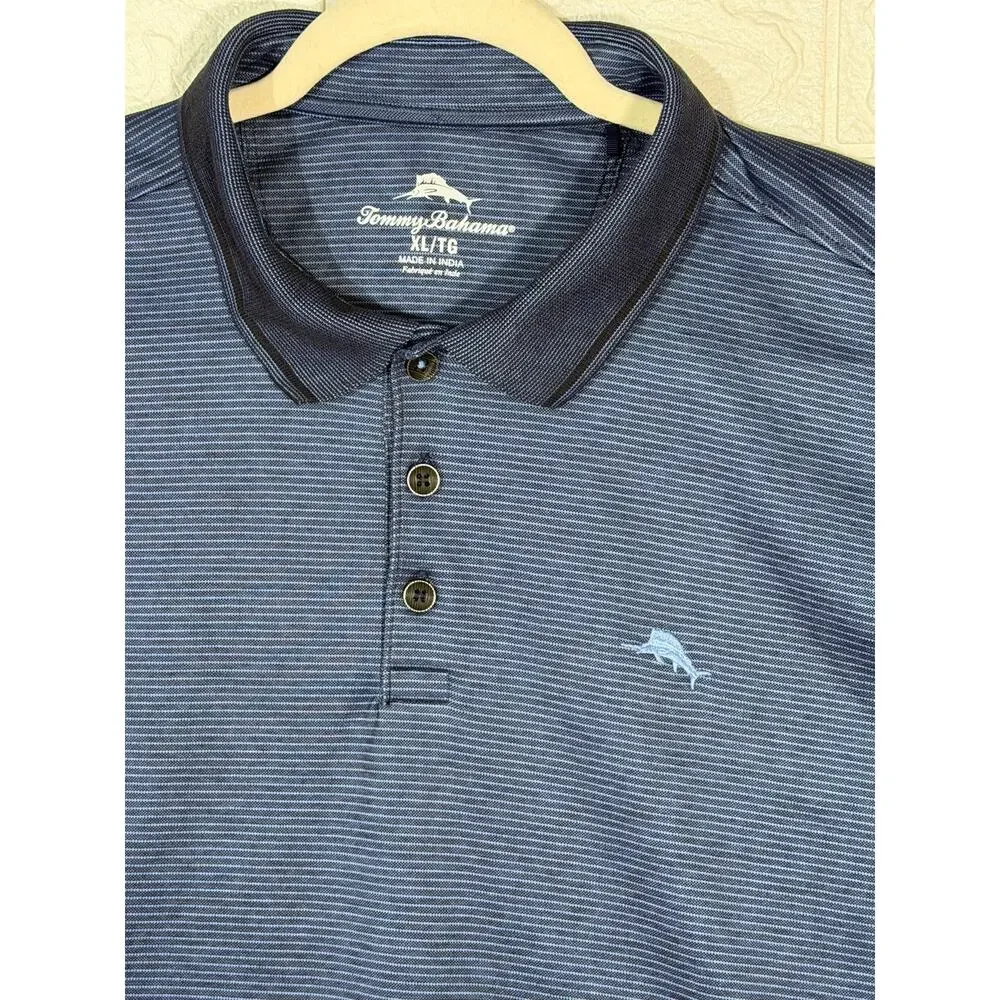 Tommy Bahama Men’s XL Blue Striped Short Sleeve Polo Shirt Marlin Logo